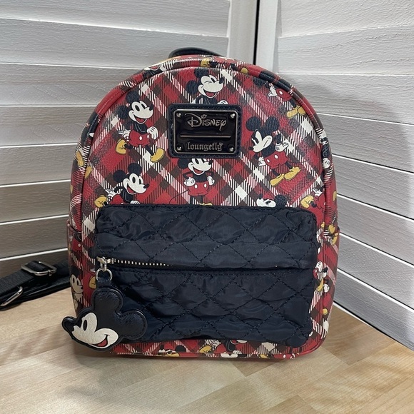 Loungefly Disney Mickey Mouse Red Plaid Backpack with front quilted pocket main image 5